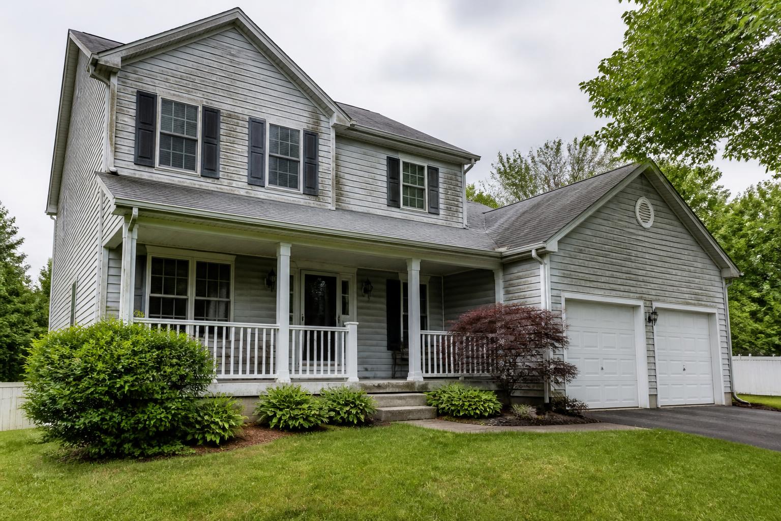 Algae-stained siding before soft washing